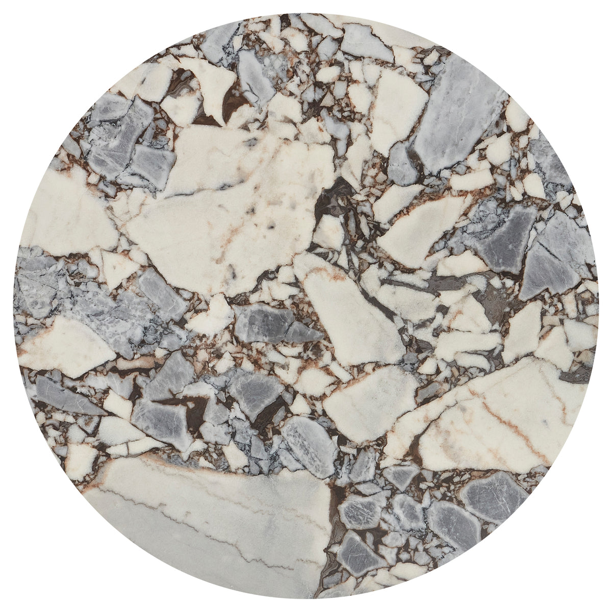 Gracie 120cm Round Marble Dining Table in Black Blue Galaxy, featuring a polished brecciated marble surface with large white and gray fragments, dark veins, and a solid timber base.