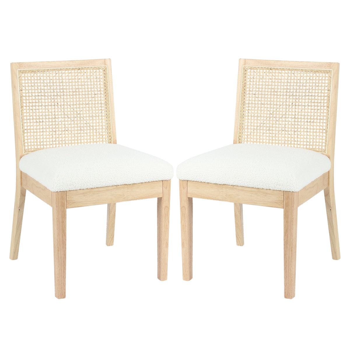 Gretel Hardwood & Rattan Dining Chair Set of 2 in Natural; features light-wood frames, woven cane backrests, and plush white upholstered seats, showcasing a blend of modern luxury and timeless craftsmanship.