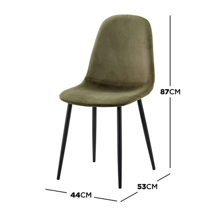 Halsa Velvet Fabric Classic Dining Chair Olive Set of 4 showcases sleek, black legs and plush velvet upholstery, offering modern elegance and comfort for any dining setting.