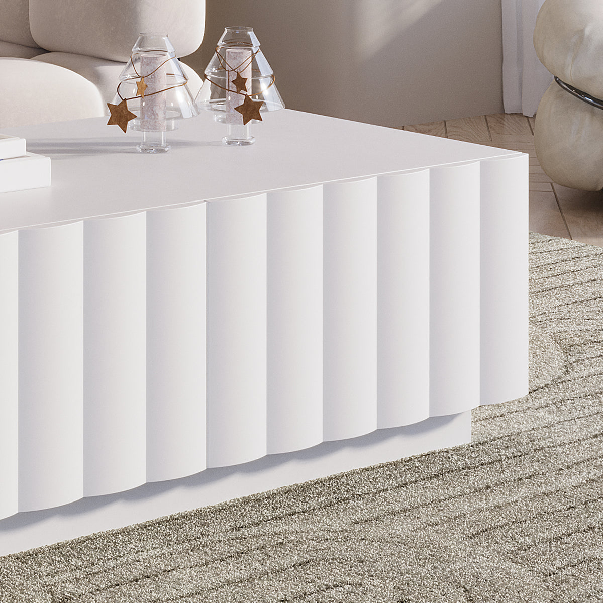 Hamish 120cm Coffee Table with Storage White, featuring a sleek wave design and two drawers, shown in a close-up highlighting its modern aesthetic and practical storage solutions for living rooms.