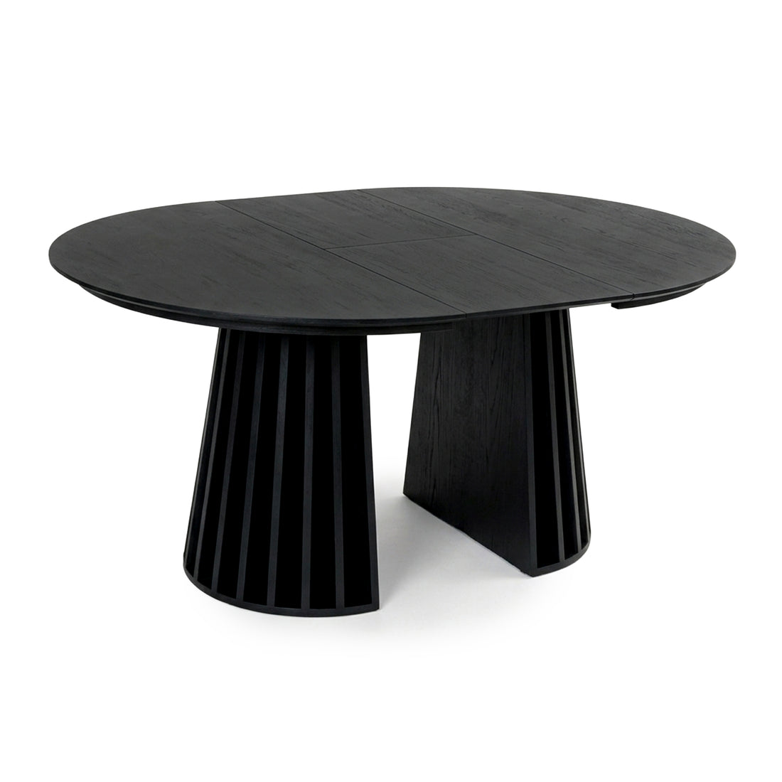 Modern black round dining table with slatted base on a white background