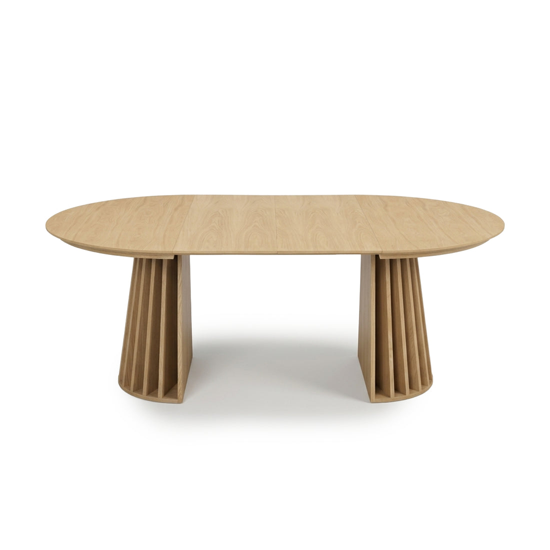 Front-facing wooden dining table on a white background