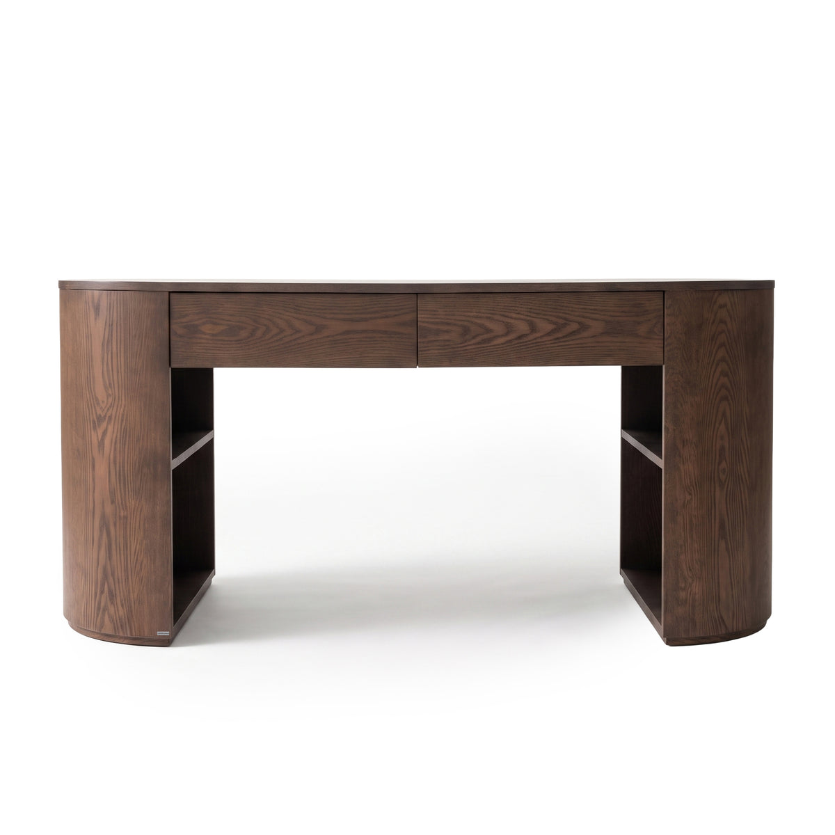 Full dark wood desk with rounded corners and open shelving on a white background