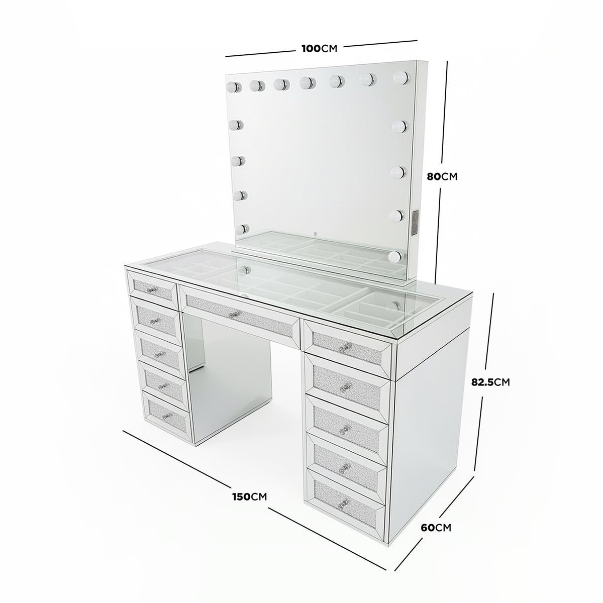 Ivy Diamond Crystal Mirror Finish Hollywood LED Vanity Table with mirrored design, 100x80cm LED mirror, glass tabletop, and thirteen drawers, ideal for organizing beauty essentials and enhancing bedroom glamour.
