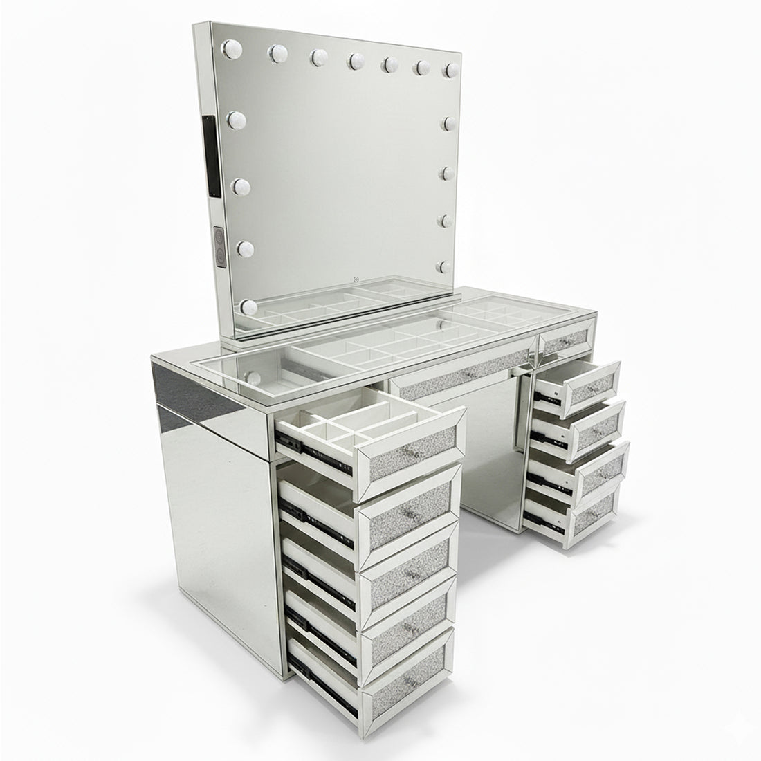 Ivy Diamond Crystal Mirror Finish Hollywood LED Vanity Table with large mirror, round LED bulbs, two pedestals with five drawers each, glass-topped compartments, and reflective panels for a glamorous look.