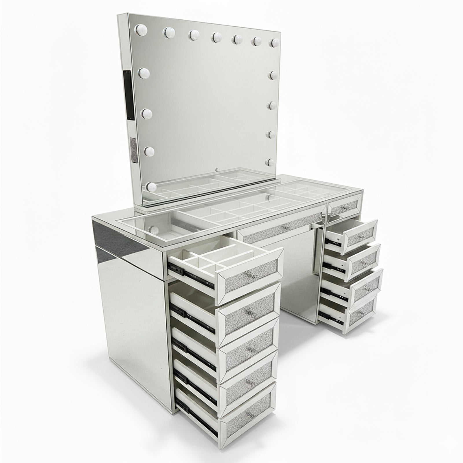 Ivy Diamond Crystal Mirror Finish Hollywood LED Vanity Table with large mirror, round LED bulbs, two pedestals with five drawers each, glass-topped compartments, and reflective panels for a glamorous look.