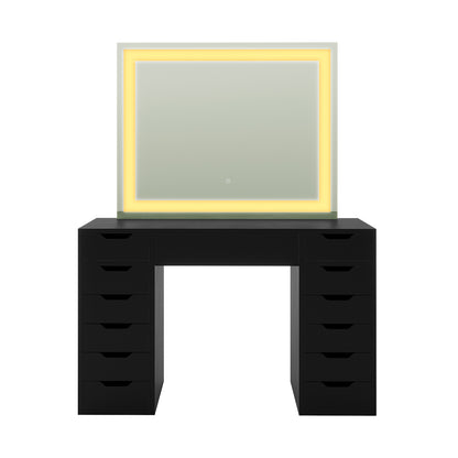 Janika Dressing Table with Storage & LED Lights in Black features a black tabletop, two drawer units, and a backlit LED mirror with touch controls, offering elegant style and ample storage.