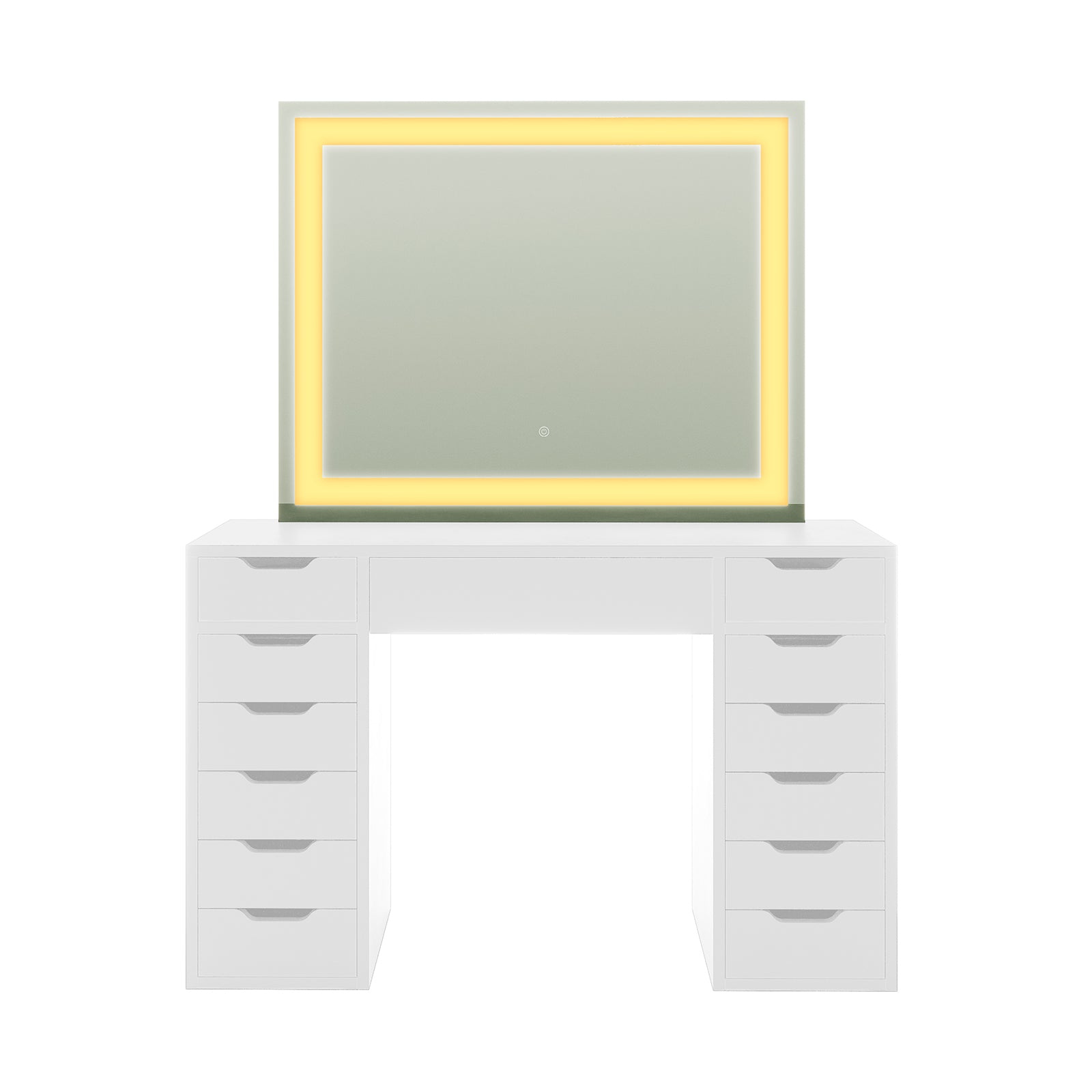 Janika Dressing Table with Drawers & LED Lights in White features stacked drawer columns, a spacious desktop, and a large mirror with warm LED lighting, perfect for stylish organization and grooming.