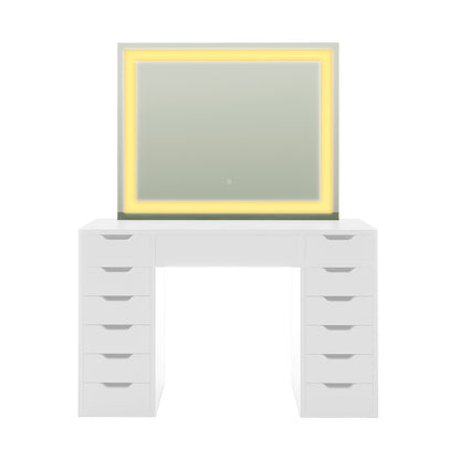Janika Dressing Table with Drawers & LED Lights in White features stacked drawer columns, a spacious desktop, and a large mirror with warm LED lighting, perfect for stylish organization and grooming.