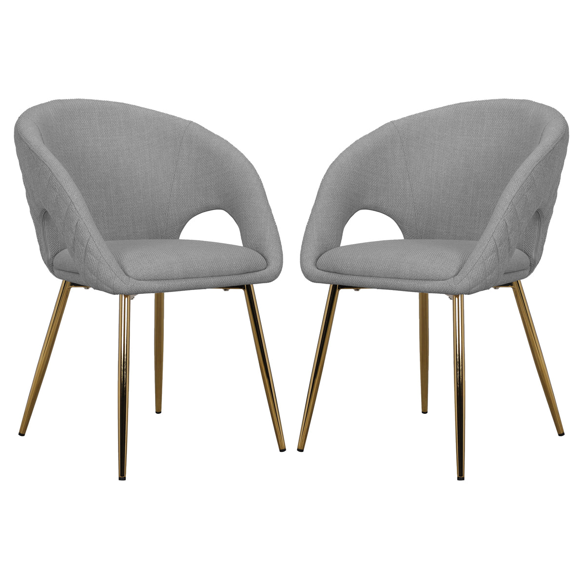 Jazlyn Fabric Dining Chairs with Gold Legs Set of 2 in Grey, featuring curved upholstered shells with cut-outs at arm-backrest junction, supported by slender gold-tone metal legs, offering modern elegance.