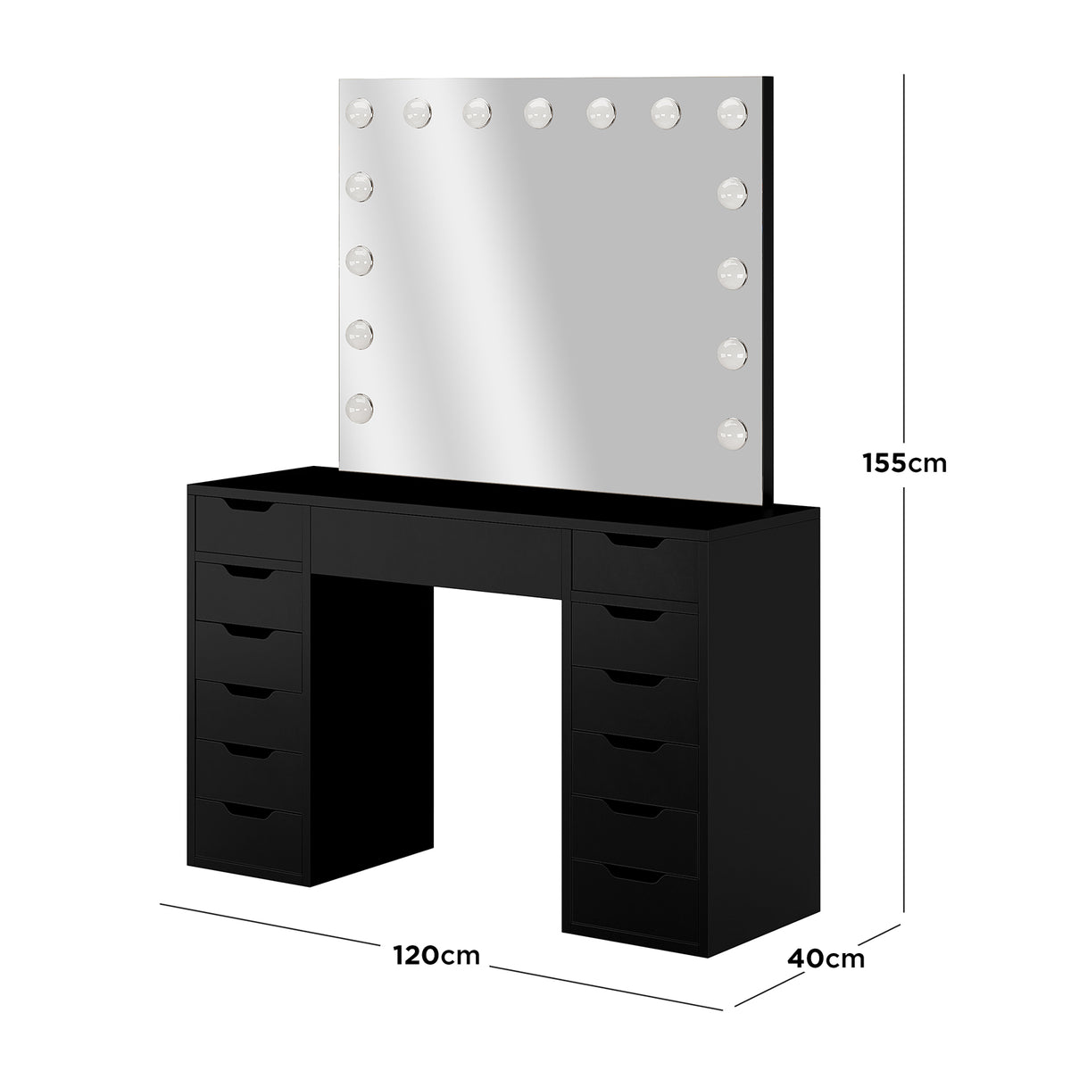 Jenna Hollywood LED Mirror Dressing Table - Black, featuring a sleek design with 13 drawers and a large mirror framed by LED bulbs, ideal for organized makeup application and storage.