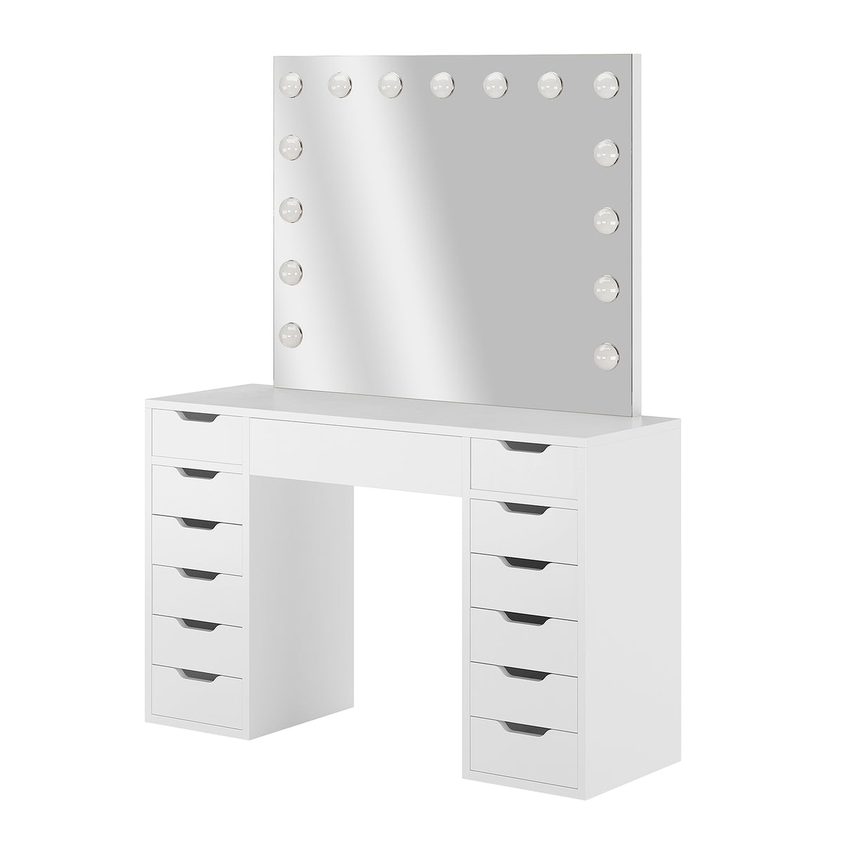 Jenna Hollywood LED Mirror Dressing Table - White features a sleek vanity with a large LED-lit mirror and ample drawer storage, designed for elegant and organized beauty routines.