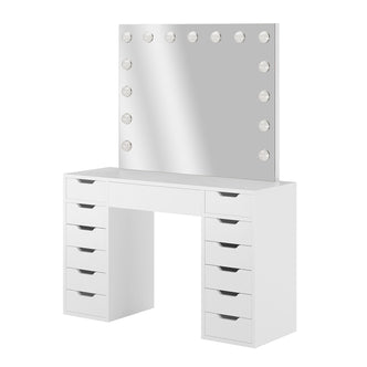 Jenna Hollywood LED Mirror Dressing Table - White features a sleek vanity with a large LED-lit mirror and ample drawer storage, designed for elegant and organized beauty routines.