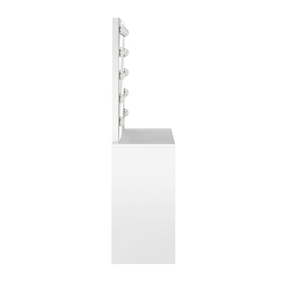 Jenna Hollywood LED Mirror Dressing Table - White features a sleek mirror with LED bulbs and a black-bordered frame, highlighting spacious drawer storage and integrated lighting for a stylish makeup station.