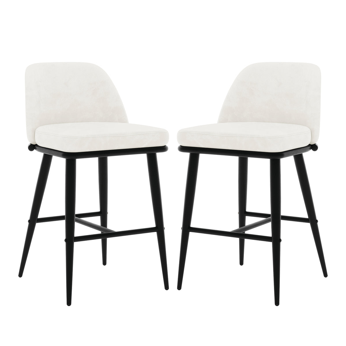 Jeremi Velvet Upholstered High-Back Bar Stool Set of 2 - Cream, featuring plush velvet upholstery, ergonomic high-back design, and sturdy powder-coated steel legs with anti-slip pads for stability. Ideal for kitchens and bars.