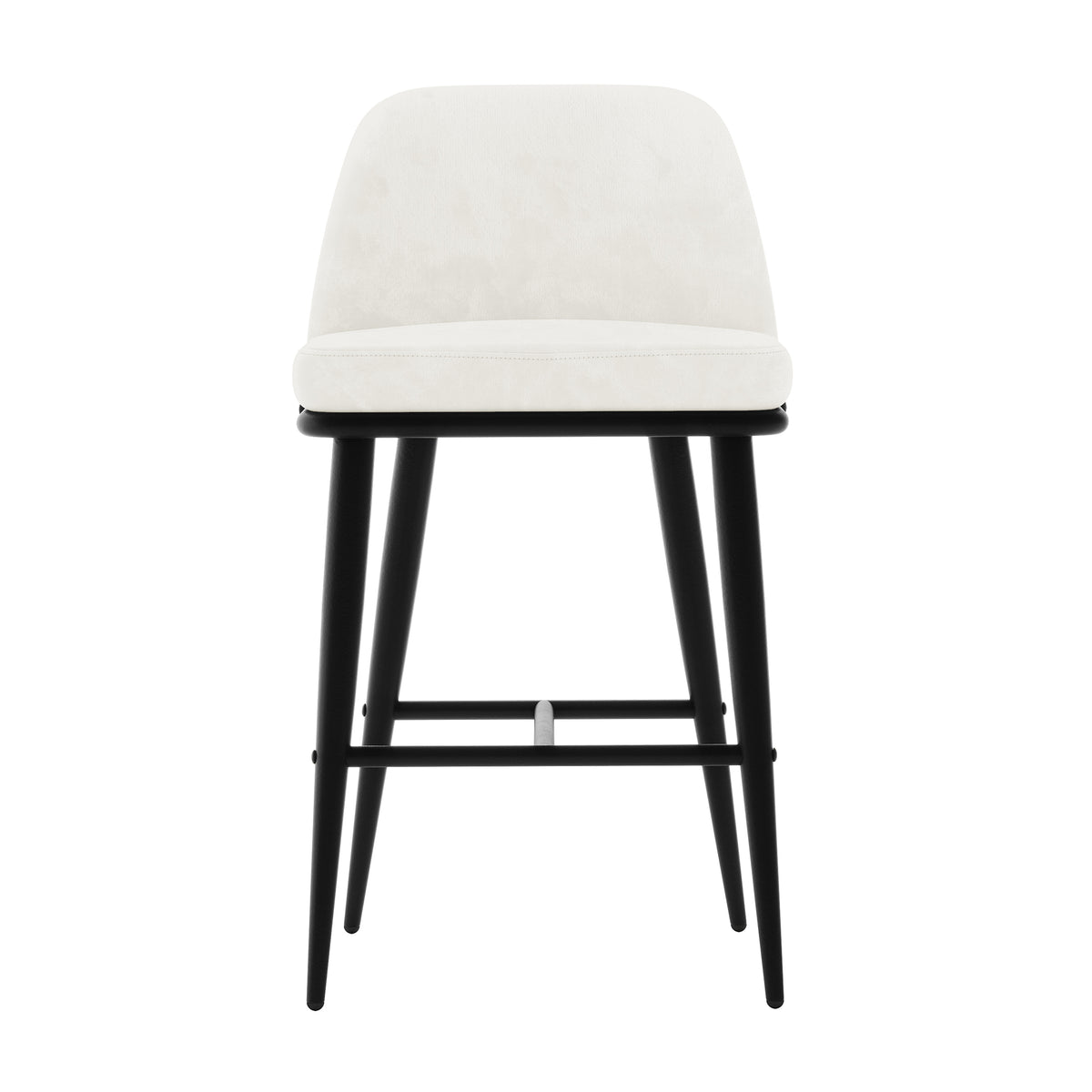 Jeremi Velvet Upholstered High-Back Bar Stool Set of 2 - Cream features a plush velvet seat with thick foam padding, black powder-coated steel legs, and anti-slip pads for stability and floor protection.