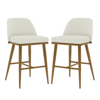 Jeremi Linen Upholstered High-Back Bar Stool Set of 2 features a white chair with a high backrest and wooden oak steel legs, showcasing modern design and ergonomic comfort.