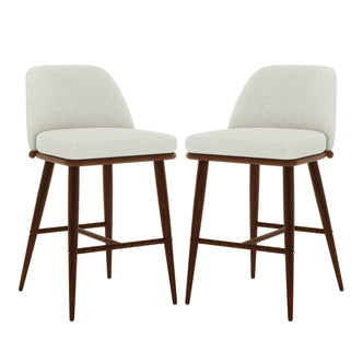 Jeremi High Back Linen Bar Stool Set of 2 in Wheat Walnut features cream upholstered seats, low backs, and dark-wood frames with tapered legs, embodying mid-century modern elegance for your kitchen or bar.