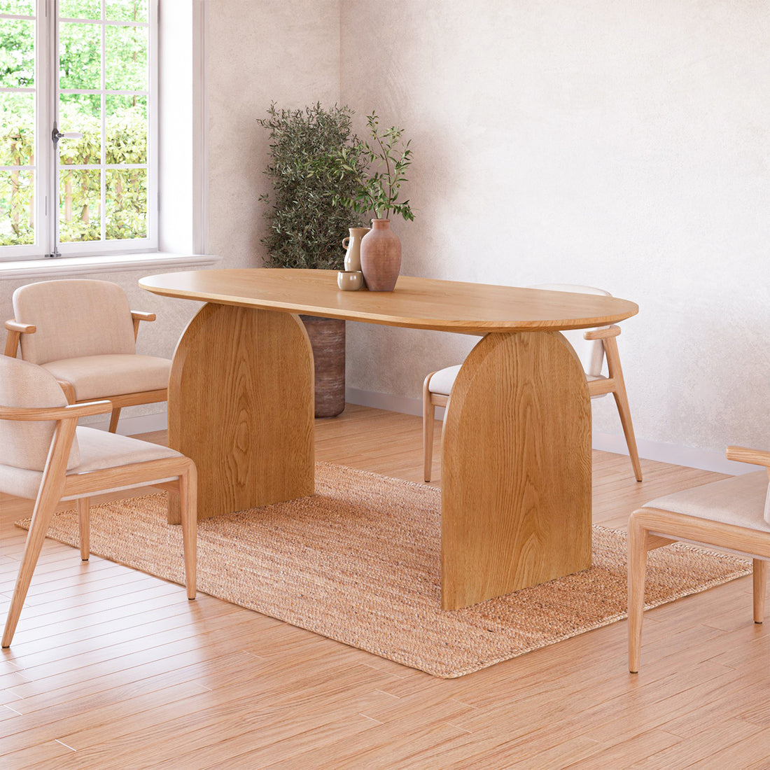 Jillian 180cm Solid Oak Oval Dining Table with arched legs; close-up of its natural wood grain and sturdy construction, highlighting its elegant, modern design ideal for intimate dining settings.
