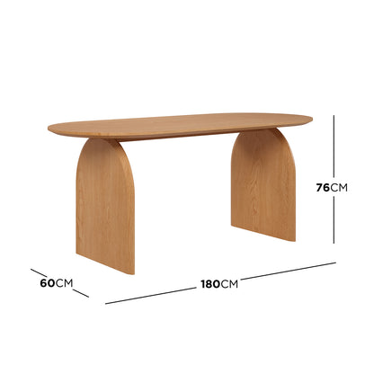 Dimension of the Jillian 180cm Solid Oak Oval Dining Table features an elegant oval design with curved legs, showcasing its robust build and unique wood grain, ideal for enhancing dining room aesthetics.
