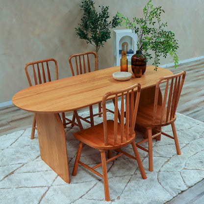 Jillian 180cm Solid Oak Oval Dining Table features a natural wood finish, arched legs, and a spacious, elegant design, ideal for dining rooms, comfortably seating up to four people.