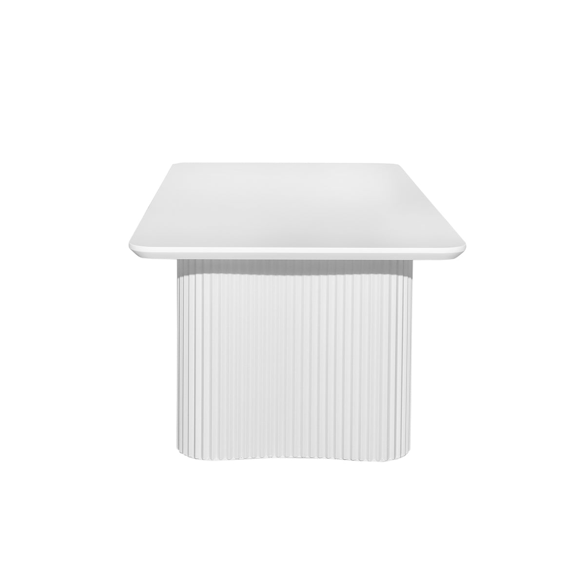 Joyce 120cm Coffee Table with Round Fluted Legs in White features a minimalist square tabletop on a sculptural pedestal base with closely spaced vertical ribs, enhancing modern and coastal-inspired interiors.
