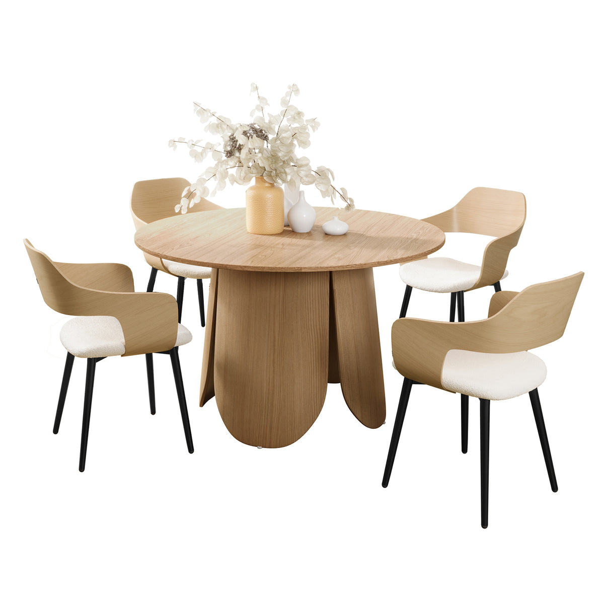 Close-up of the Kaylani & Winfield 5-Piece Wooden Dining Set with Boucle Chairs, highlighting the table's rustic design and modern boucle chairs, perfect for a cozy dining atmosphere.