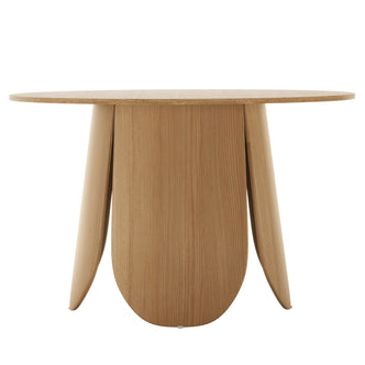 Kalyani 120cm Wooden Round Dining Table with Veneer Top features a smooth, round wood surface and sturdy construction, ideal for dining spaces.