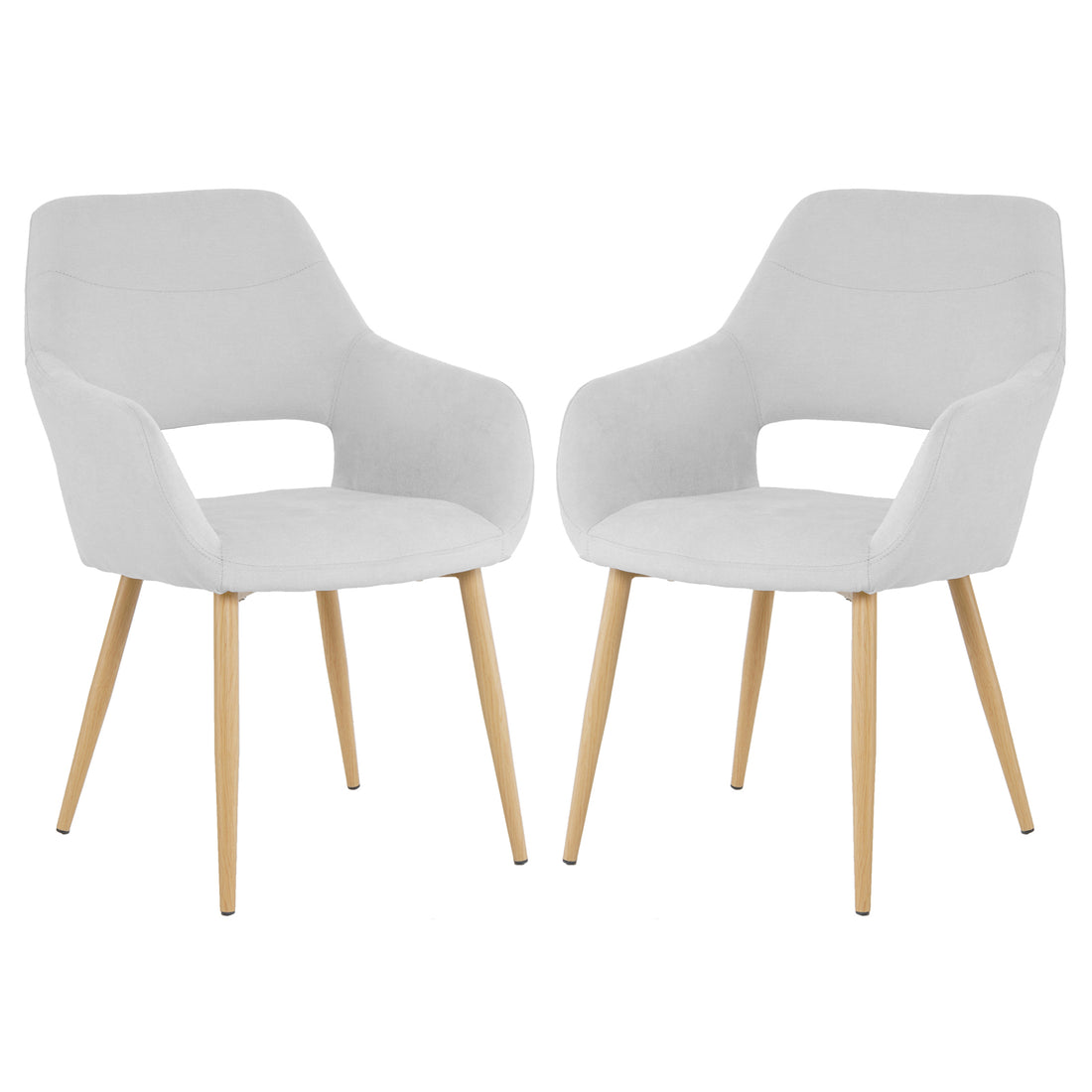 Keith Fabric Dining Chair Set of 2 in Light Grey featuring curved upholstered seats with cut-out armrests, splayed wooden legs, and a minimalist design perfect for dining or modern living spaces.