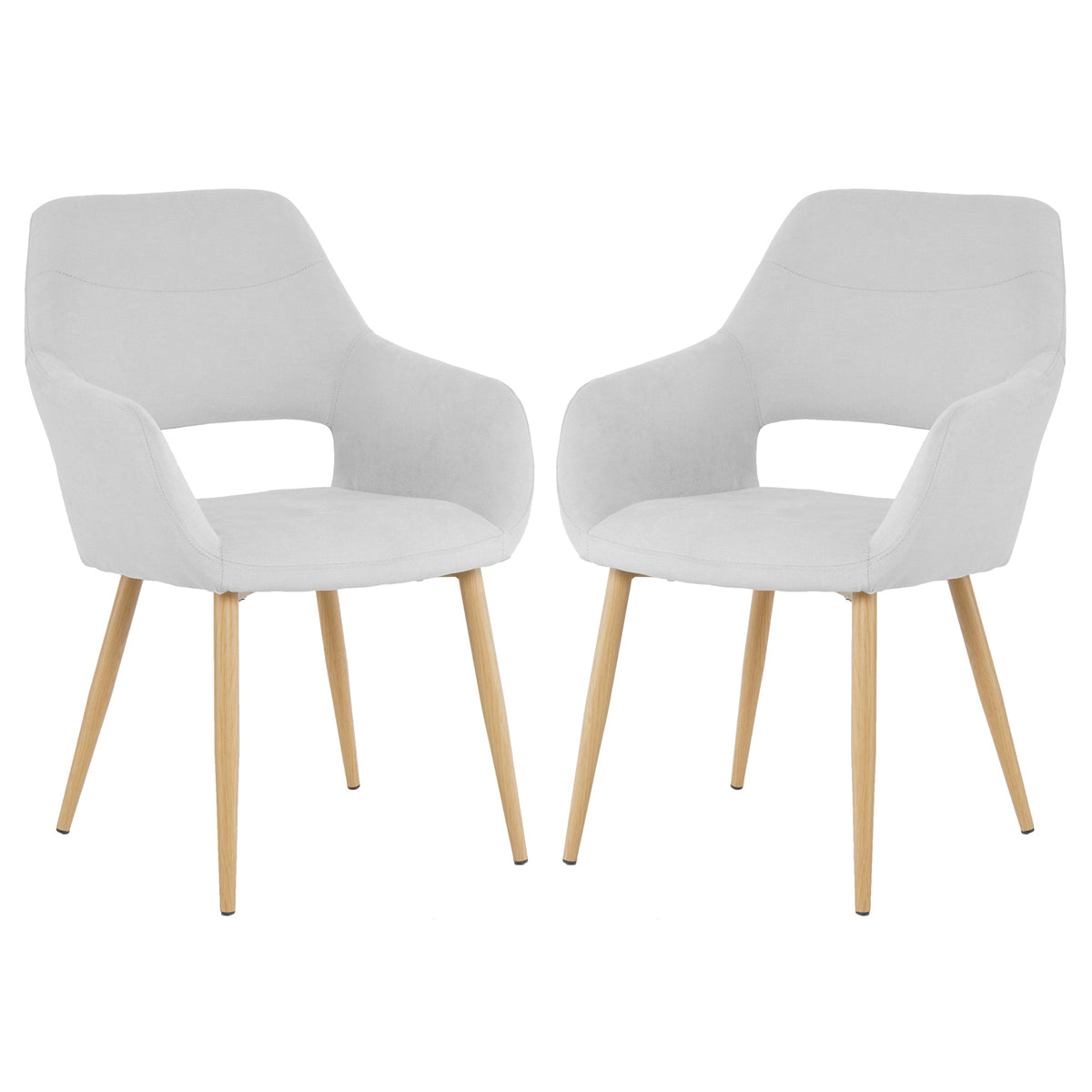 Keith Fabric Dining Chair Set of 2 in Light Grey featuring curved upholstered seats with cut-out armrests, splayed wooden legs, and a minimalist design perfect for dining or modern living spaces.