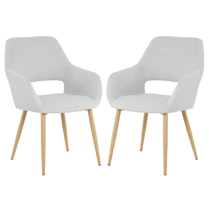 Keith Fabric Dining Chair Set of 2 in Light Grey featuring curved upholstered seats with cut-out armrests, splayed wooden legs, and a minimalist design perfect for dining or modern living spaces.