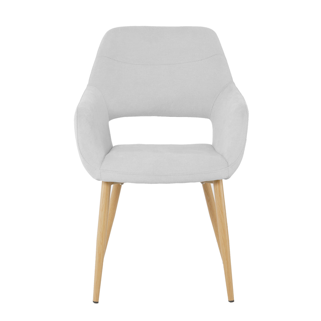 Keith Fabric Dining Chair Set of 2 in Light Grey features a modern design with a single molded backrest and armrests, light-gray upholstery, and natural wood-finished legs, ideal for stylish dining.