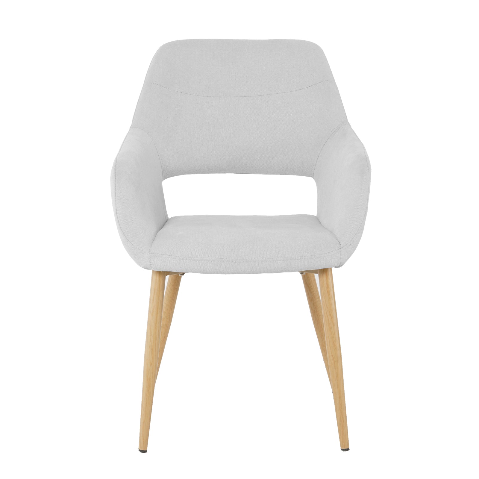Keith Fabric Dining Chair Set of 2 in Light Grey features a modern design with a single molded backrest and armrests, light-gray upholstery, and natural wood-finished legs, ideal for stylish dining.