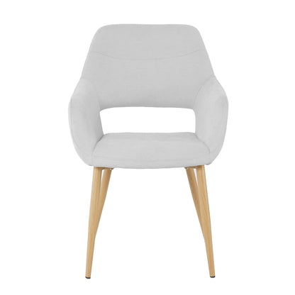 Keith Fabric Dining Chair Set of 2 in Light Grey features a modern design with a single molded backrest and armrests, light-gray upholstery, and natural wood-finished legs, ideal for stylish dining.