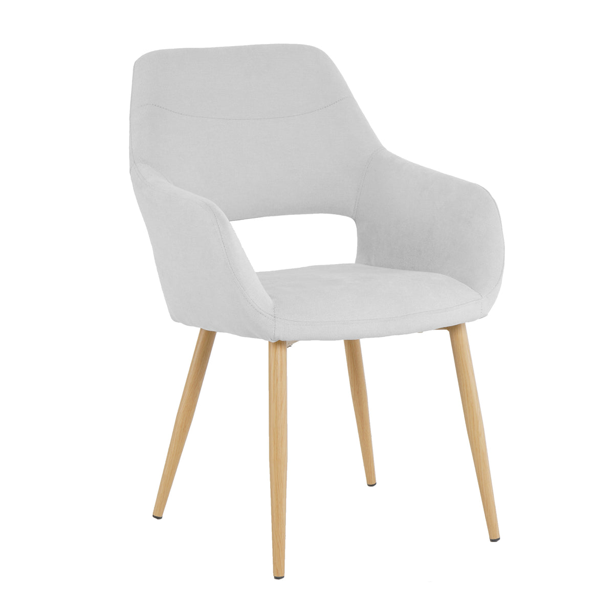 Keith Fabric Dining Chair Set of 2 in Light Grey features a modern design with a gently curved seat, integrated low armrests, and tapered natural-wood legs, offering stylish and comfortable dining seating.
