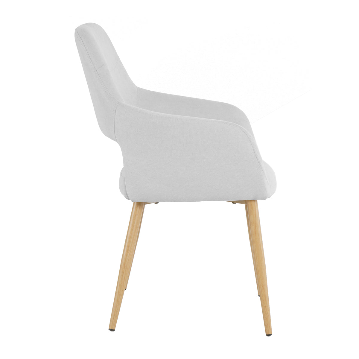 Keith Fabric Dining Chair Set of 2 in Light Grey, featuring a side view of a modern upholstered armchair with a curved backrest, integrated armrests, and outward-tapering wooden legs.