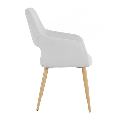 Keith Fabric Dining Chair Set of 2 in Light Grey, featuring a side view of a modern upholstered armchair with a curved backrest, integrated armrests, and outward-tapering wooden legs.
