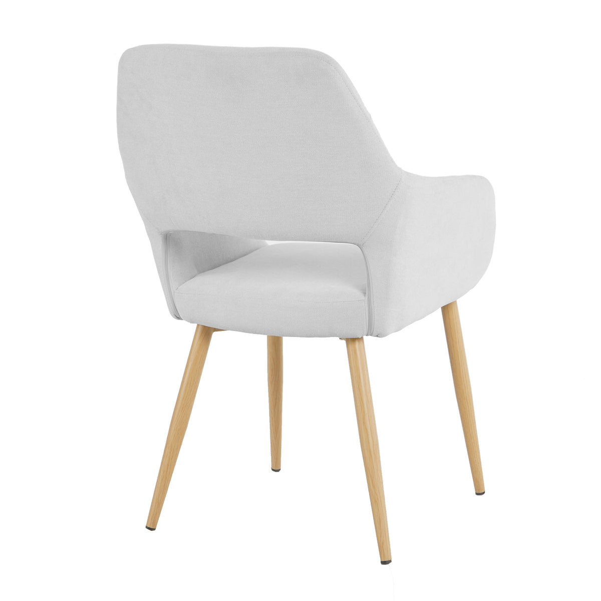Keith Fabric Dining Chair Set of 2 in Light Grey, featuring a modern upholstered design with a curved padded backrest, integrated armrests, and slender tapered wooden legs, viewed from the back.