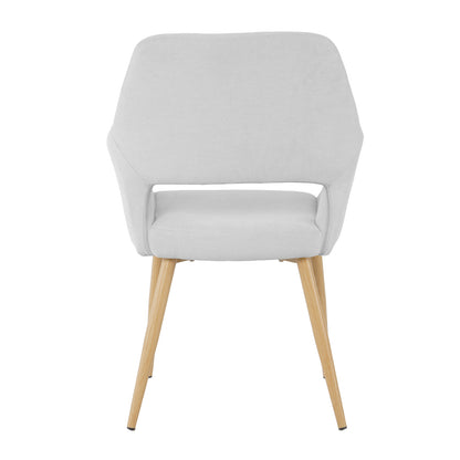Keith Fabric Dining Chair Set of 2 in Light Grey, featuring Scandinavian design with light-grey upholstery, gently curved backrest with cut-out, and splayed natural-wood legs for elegant dining room seating.