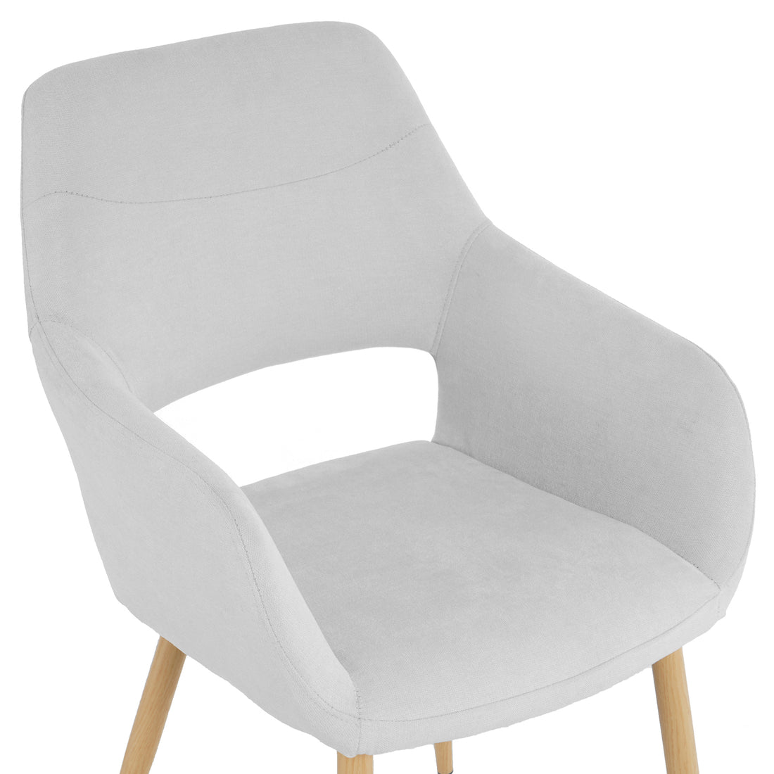 Keith Fabric Dining Chair Set of 2 in Light Grey, featuring mid-century-style with a curved shell back, integrated armrests, light grey upholstery, and natural-wood tapered legs, offering stylish and comfortable dining seating.