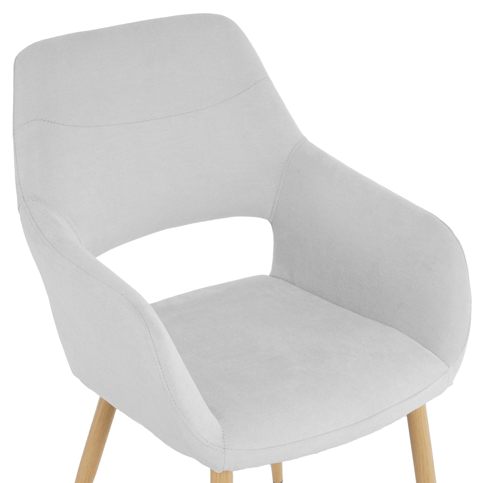 Keith Fabric Dining Chair Set of 2 in Light Grey, featuring mid-century-style with a curved shell back, integrated armrests, light grey upholstery, and natural-wood tapered legs, offering stylish and comfortable dining seating.