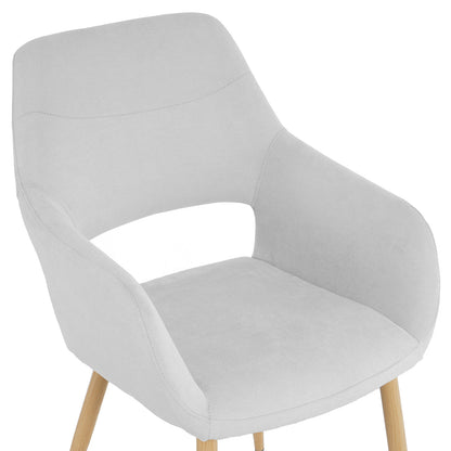 Keith Fabric Dining Chair Set of 2 in Light Grey, featuring mid-century-style with a curved shell back, integrated armrests, light grey upholstery, and natural-wood tapered legs, offering stylish and comfortable dining seating.