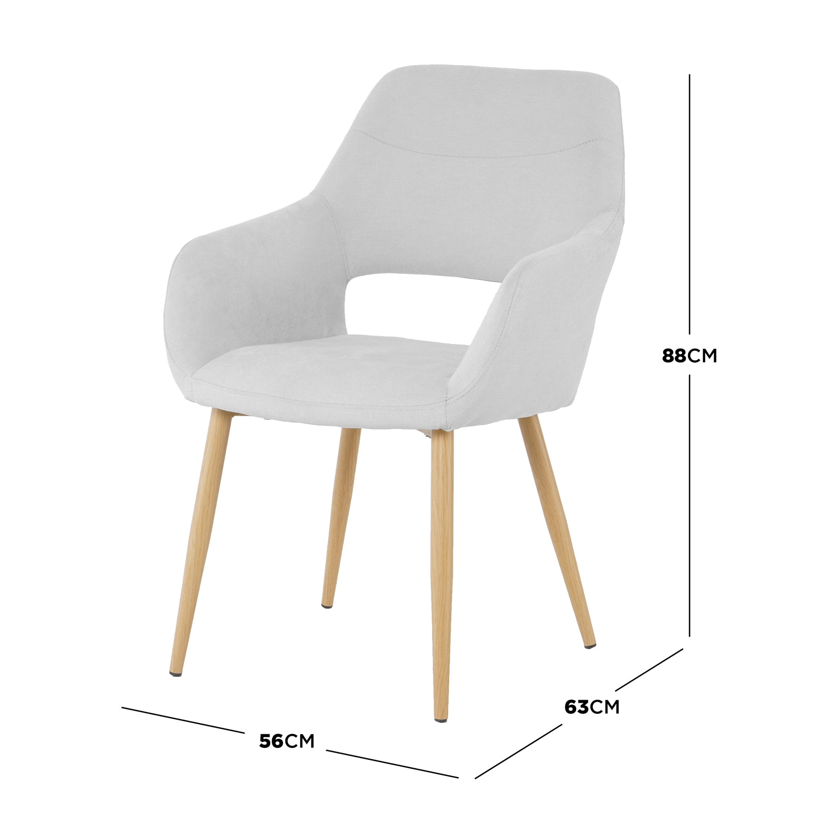 Keith Fabric Dining Chair Set of 2 in Light Grey features a modern design with a curved backrest, integrated armrests, and tapered wooden legs, measuring 56 cm wide, 63 cm deep, and 88 cm tall.