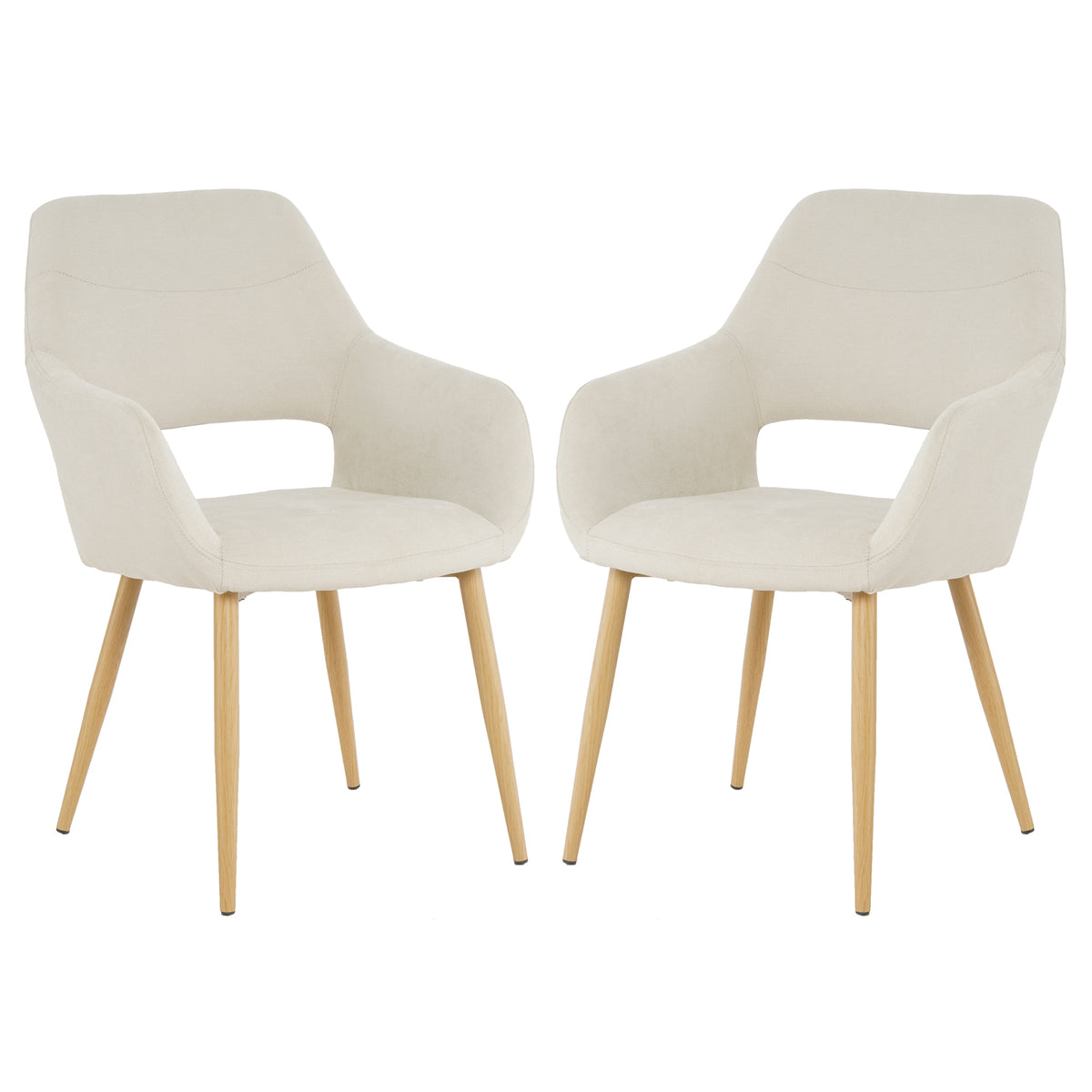 Keith Fabric Dining Chair Set of 2 in Light Beige features modern-style chairs with curved upholstered shells, integrated armrests, open lower back, and tapered light-wood legs with metal ferrules.