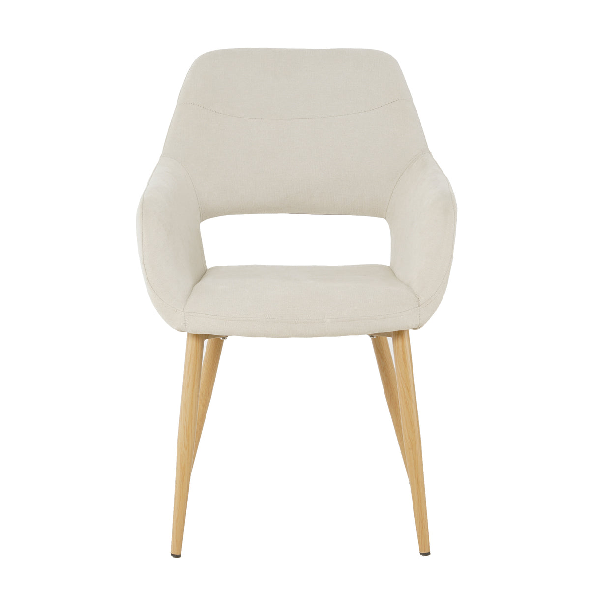 Keith Fabric Dining Chair Set of 2 in Light Beige features a modern-style design with a molded back, integrated armrests, upholstered in light fabric, standing on gently tapered natural-wood legs.