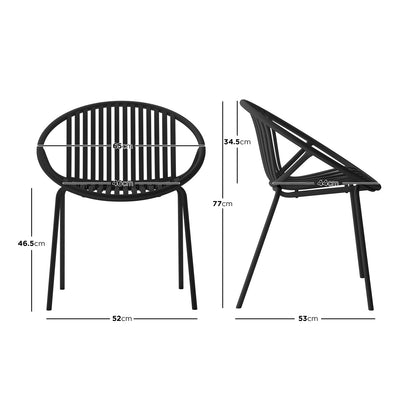 Kosmos Indoor/Outdoor Wire Dining Chair Black Set of 2, showcasing sleek wire design with sturdy powder-coated metal legs, viewed from side and back against a plain backdrop, with measurements illustrated. - Dimensions