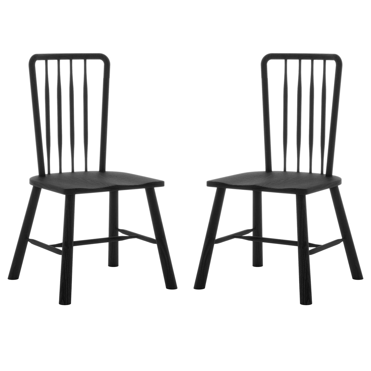Leigh Solid Oak High-back Dining Chair Black Set of 2 features identical black wooden chairs with straight backs and thin vertical spindles, showcasing a modern farmhouse style against a white background.