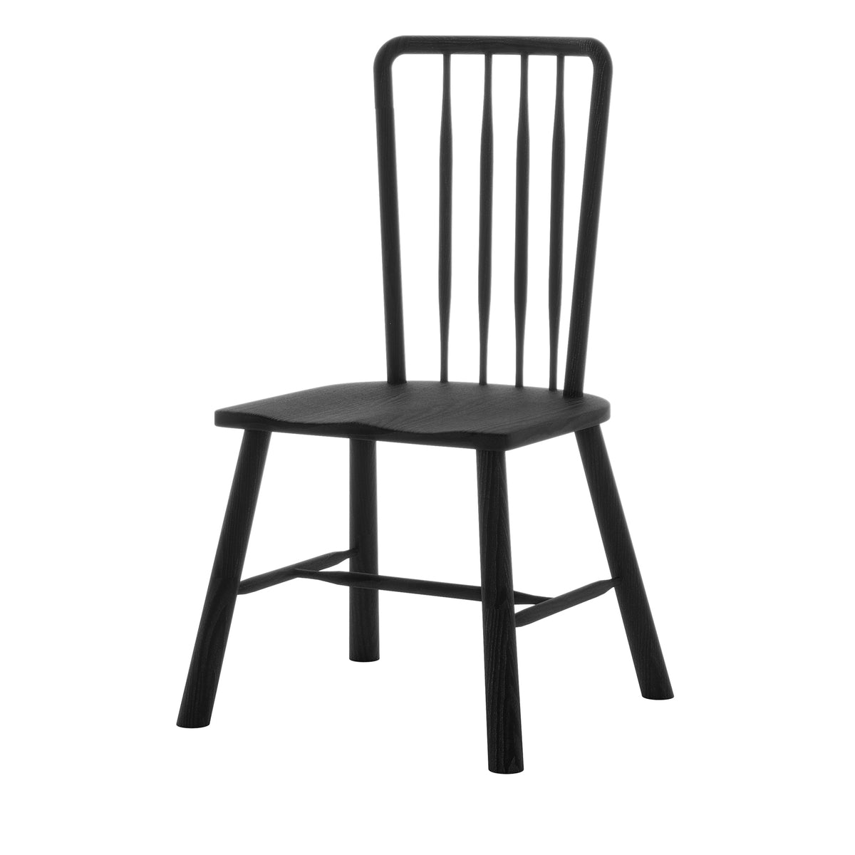 Leigh Solid Oak High-back Dining Chair Black Set of 2 features a black, flat seat, four splayed legs with stretchers, and a tall backrest with a rectangular top rail and vertical spindle slats.