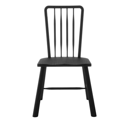 Leigh Solid Oak High-back Dining Chair Black Set of 2 features a black-painted, spindle-style backrest with five slats, angled legs, and a flat seat, showcasing modern farmhouse charm.