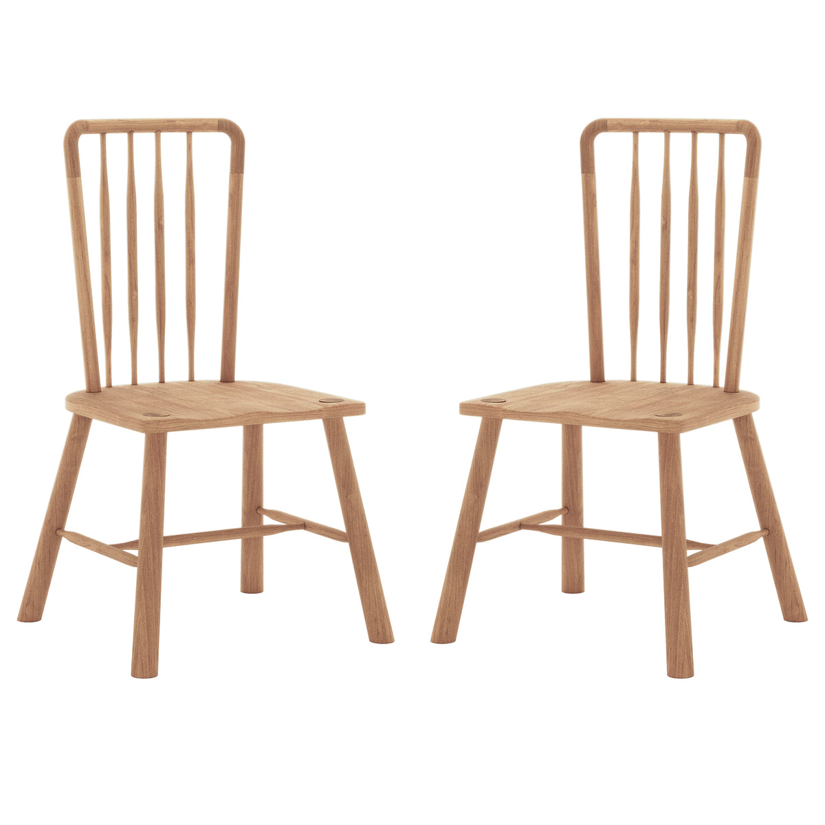 Leigh Solid Oak High-back Dining Chair Set of 2 features minimalist design with natural-finish wood, flat contoured seats, splayed legs, and a tall backrest with five slender spindles for a classic look.